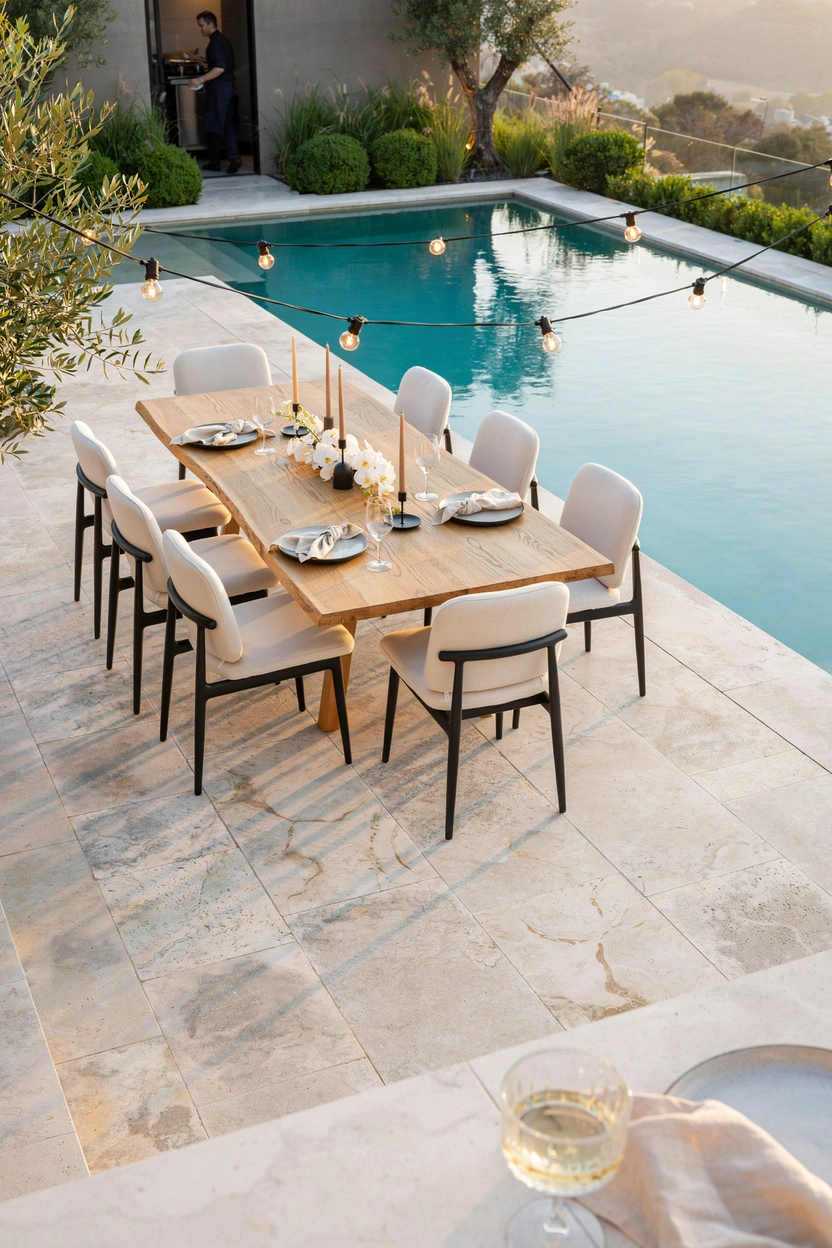 Modern poolside patio dining table with warm lighting and luxury seating