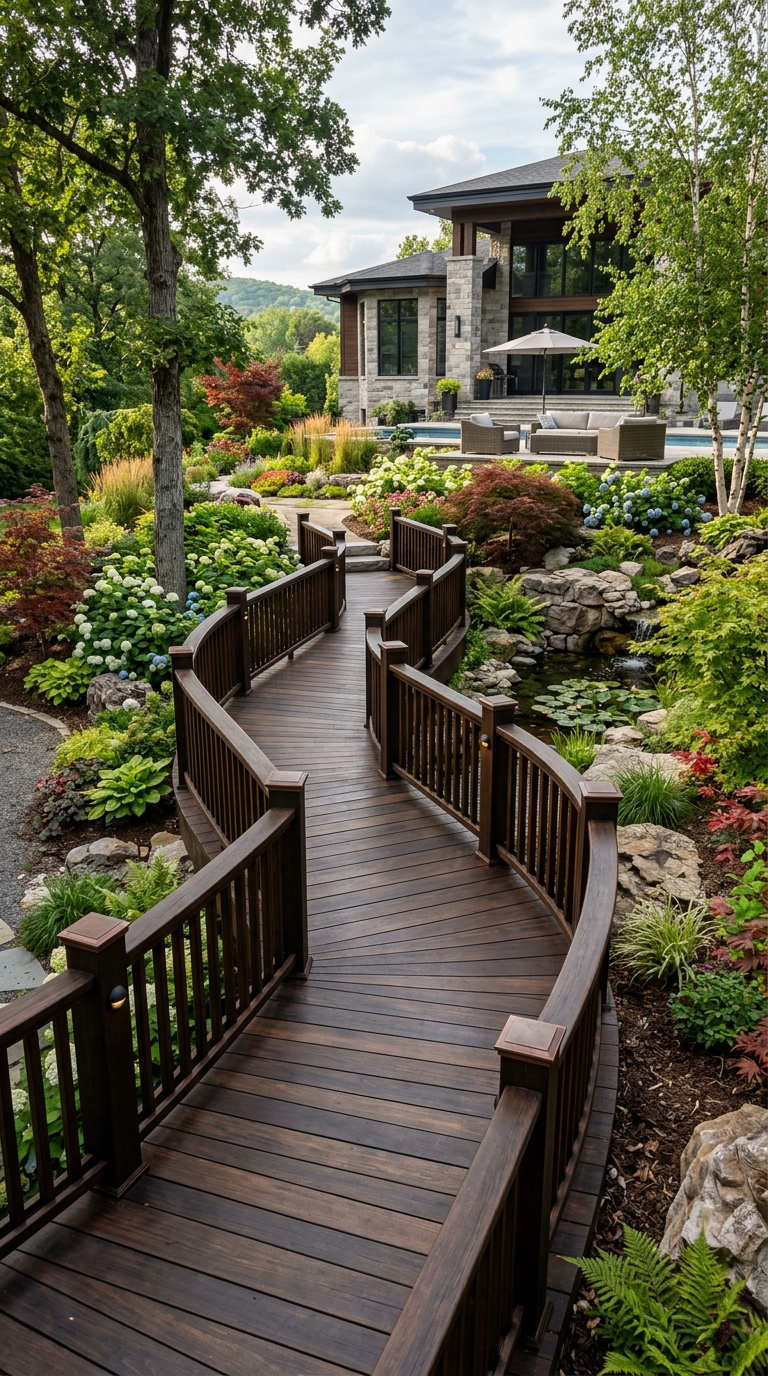 Luxury dark stained wooden boardwalk walkway