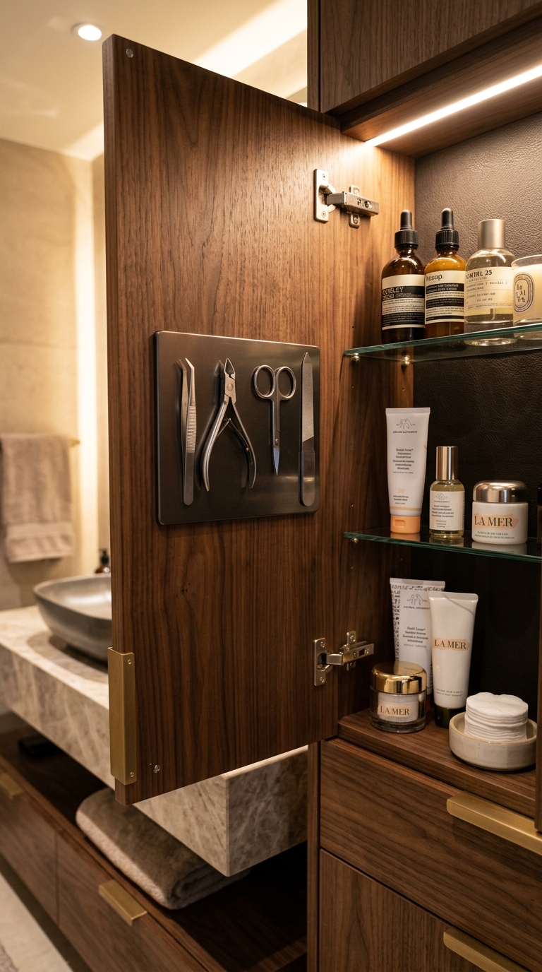 Magnetic bathroom tool storage