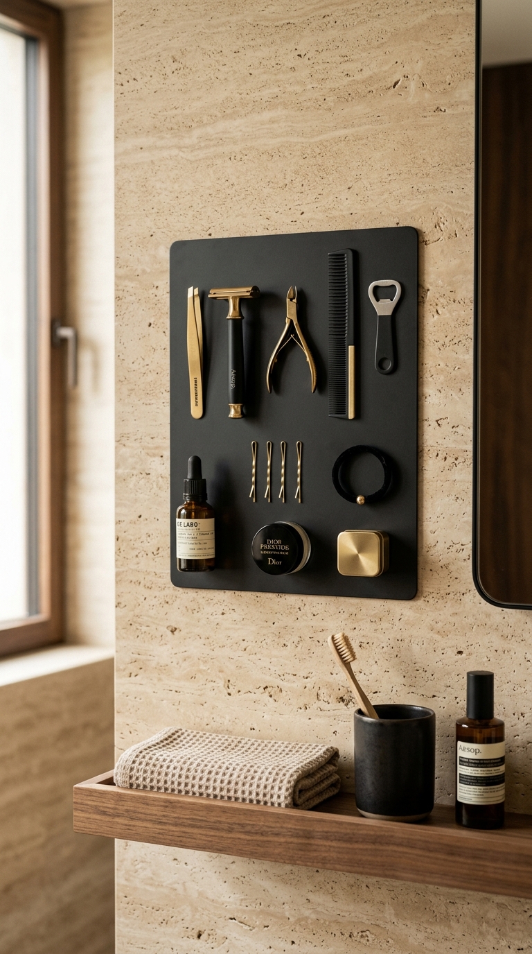 Matte black magnetic strip on bathroom wall organizing bobby pins and small metal tools