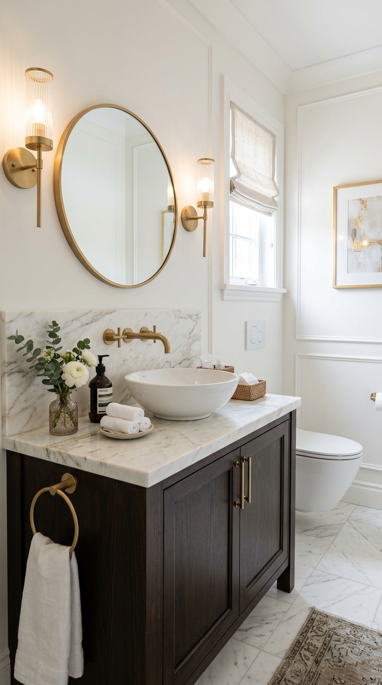 Luxury powder room with marble countertop and brushed gold fixtures