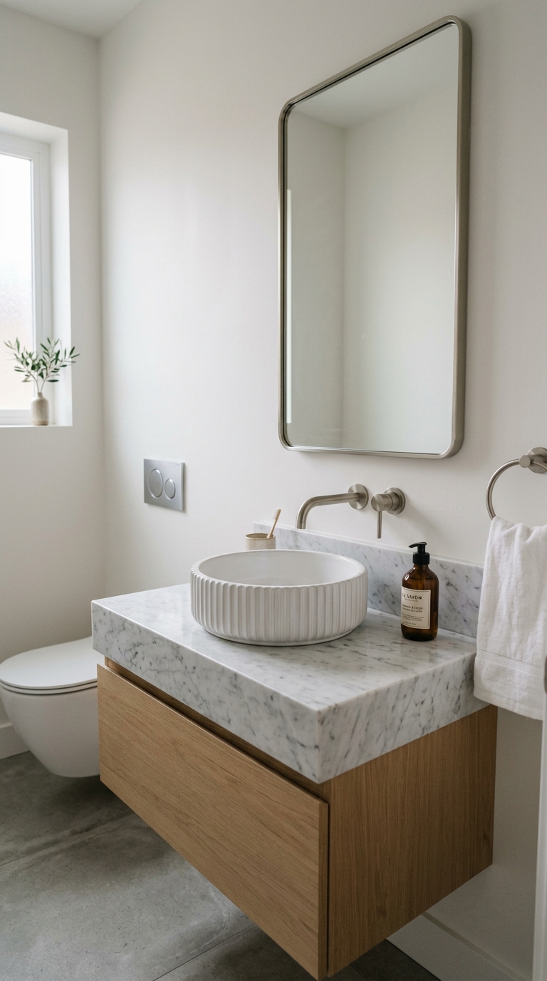 Minimalist half bathroom with marble countertop, ribbed ceramic sink, and brushed nickel hardware