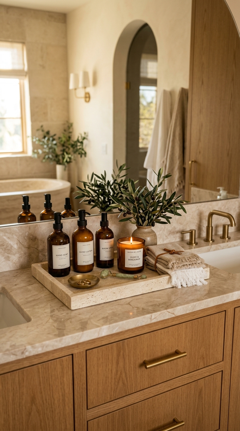 Matching amber glass dispenser bottles on a marble tray for spa-style small bathroom organization