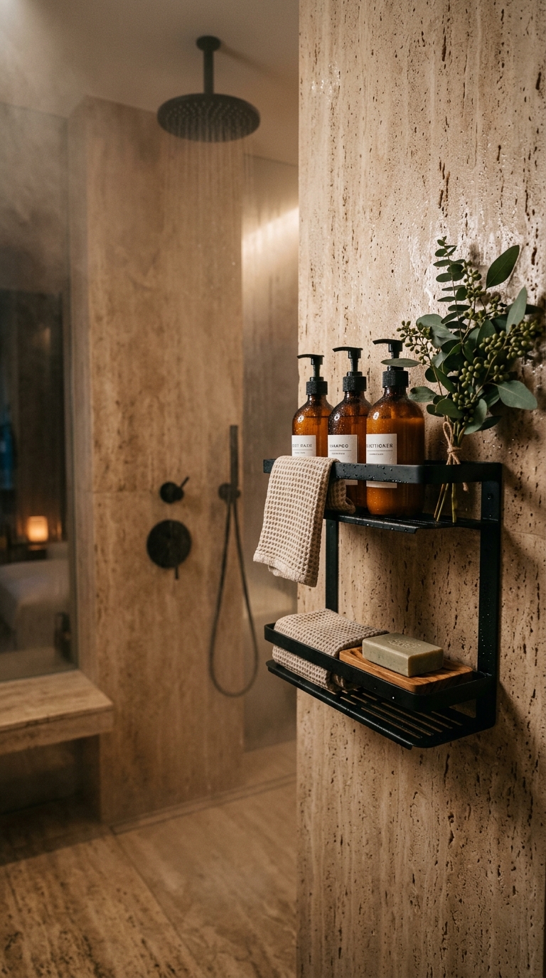 Matte black shower caddy with matching dispensers and eucalyptus for a spa-like small bathroom