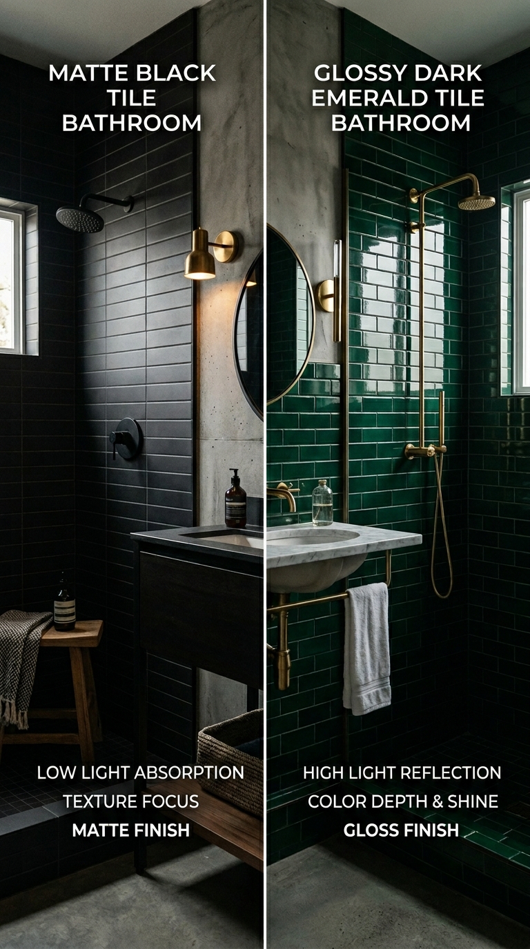 Matte vs glossy dark tile comparison in moody bathroom design
