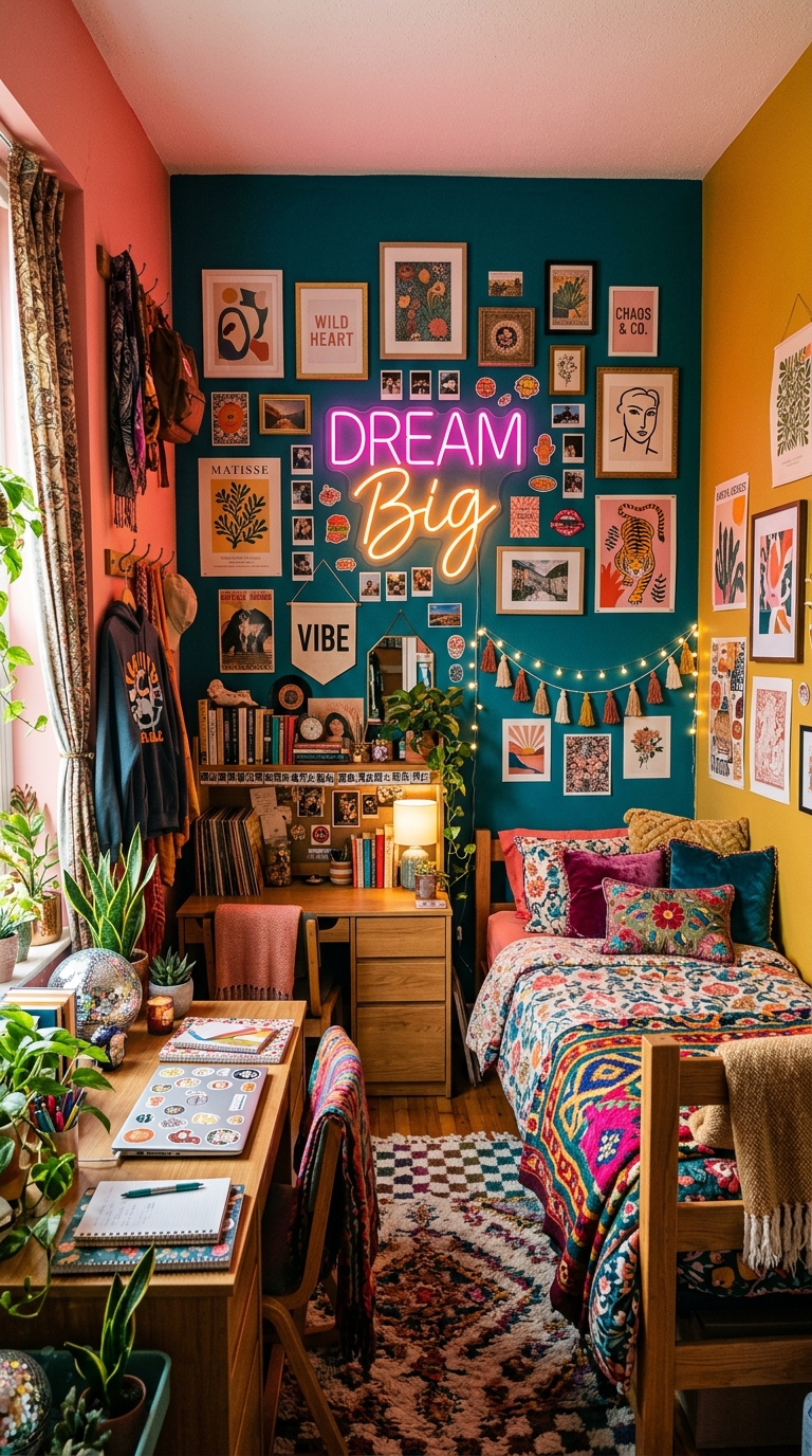 Maximalist dorm room with bold colors, neon sign, gallery wall, and eclectic college room decor
