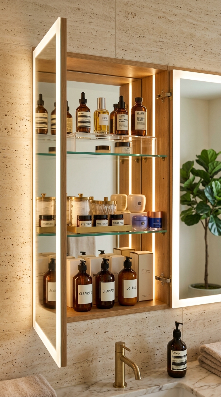 Organized medicine cabinet makeover with shelf risers and labeled bottles for a small bathroom