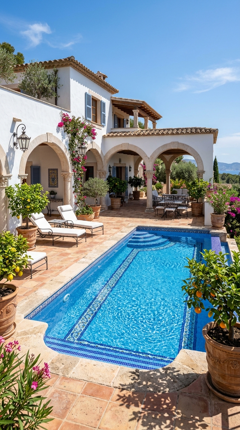 Mediterranean courtyard pool with cobalt mosaic tiles and terracotta details.