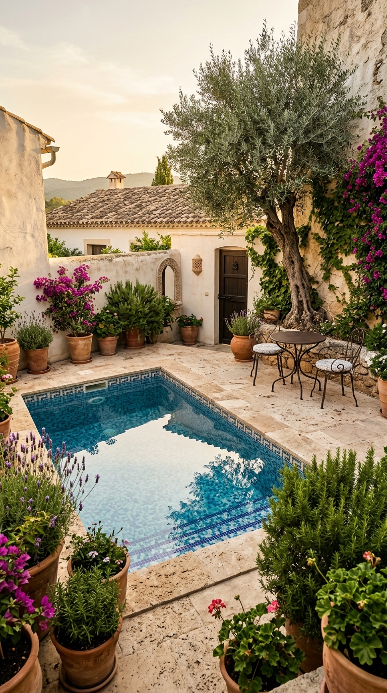 Mediterranean-style small pool with mosaic tiles, terracotta pots, and olive tree