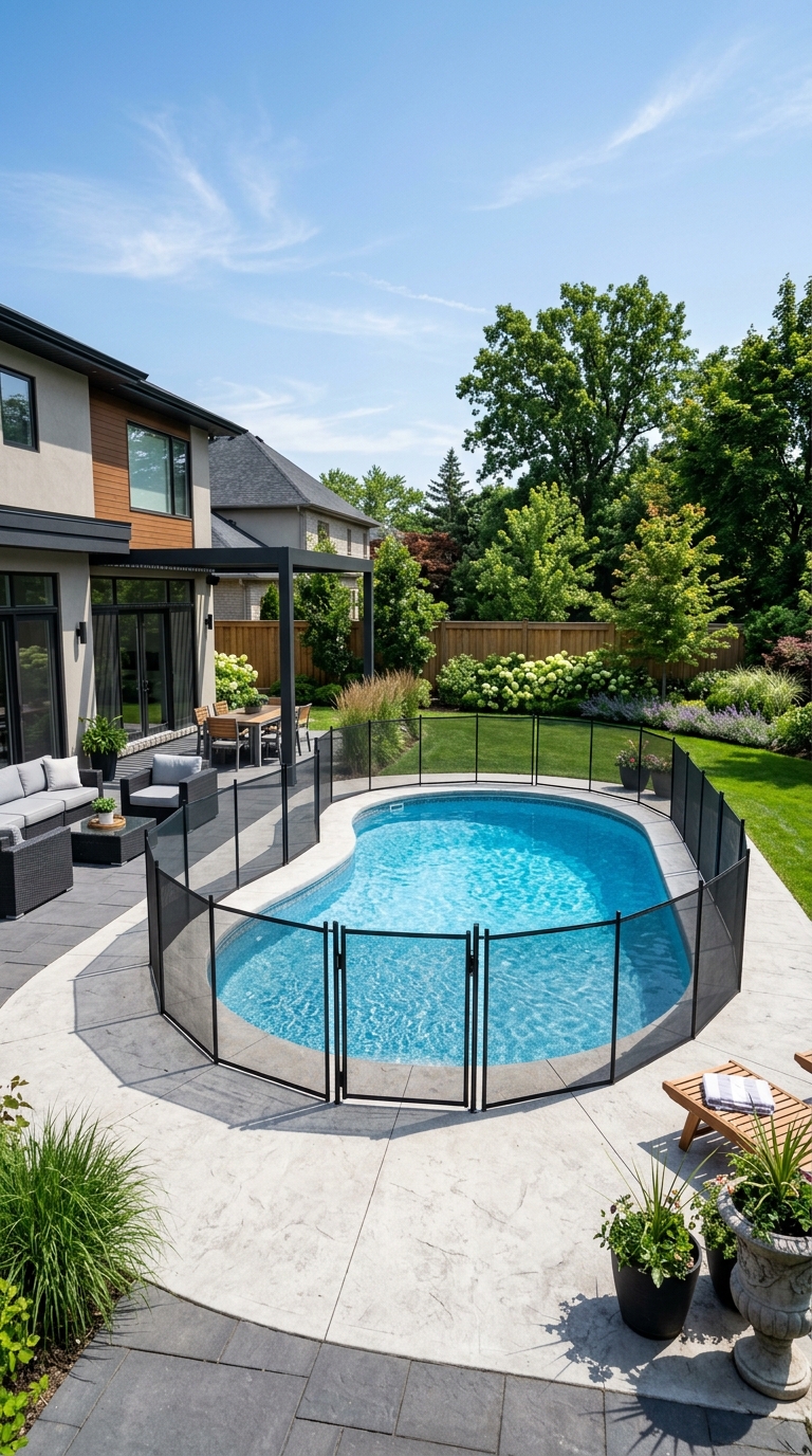 Removable black mesh safety fence around a backyard swimming pool.