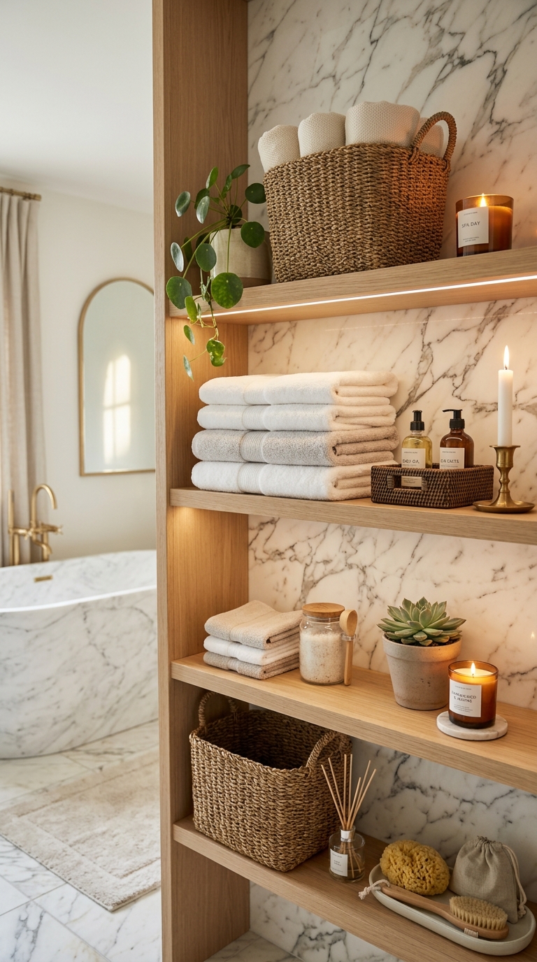 Minimalist bathroom shelf styling