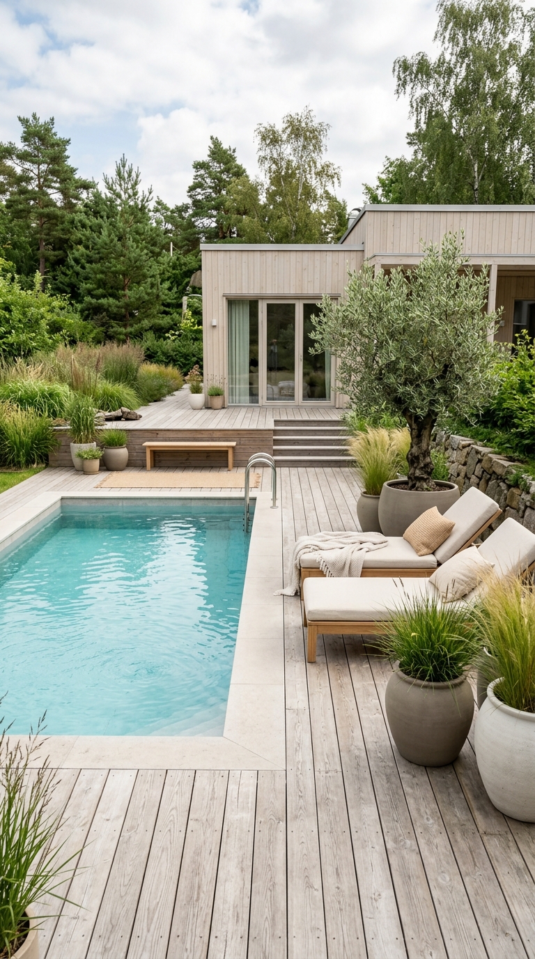 Minimalist Scandinavian-style backyard pool with light wood furniture, neutral decor, and clean modern landscaping