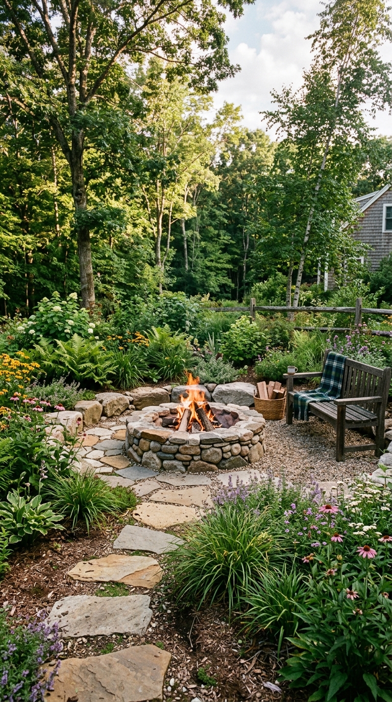 Mixed river rock and fieldstone fire pit in a natural woodland backyard with native plantings