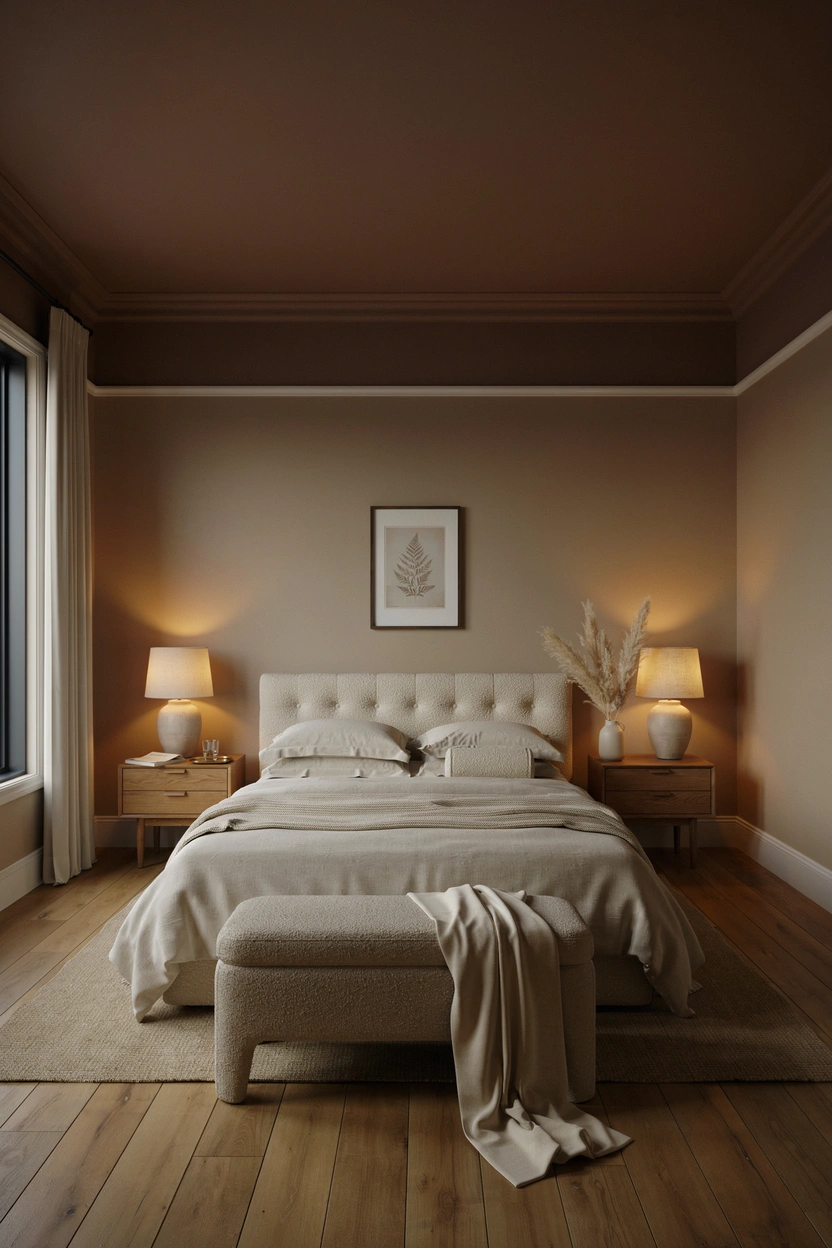 Small bedroom with mocha brown painted ceiling creating a warm, cocooning atmosphere paired with white trim and layered cream bedding