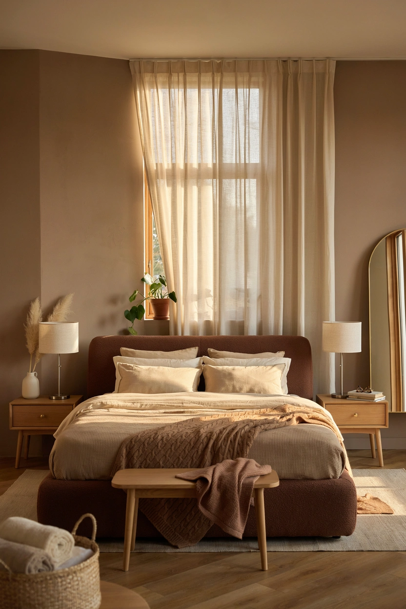 Mocha brown bedroom walls with cream linen bedding and warm natural lighting — cozy brown bedroom idea