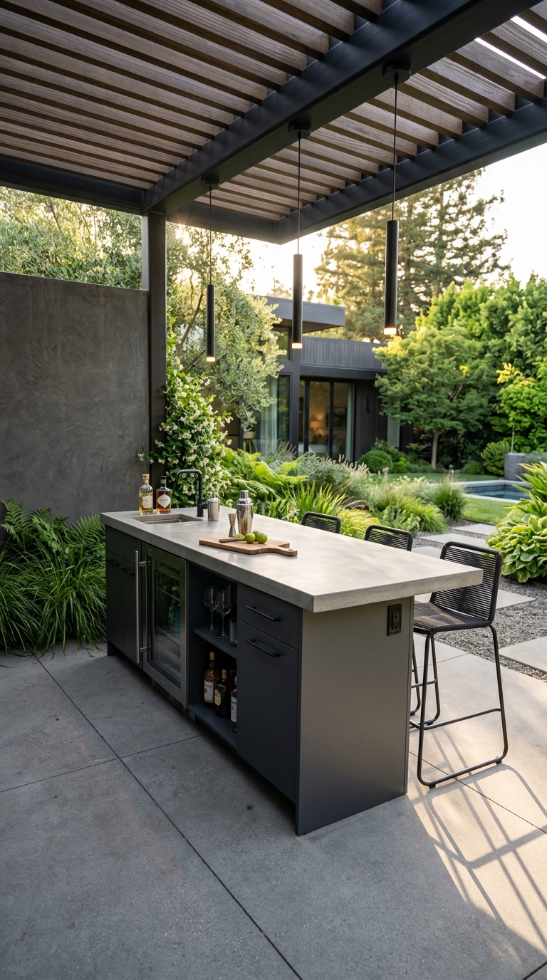 Modern built-in backyard bar with concrete countertop, charcoal cabinetry, and matte black pendant lights in a contemporary outdoor space