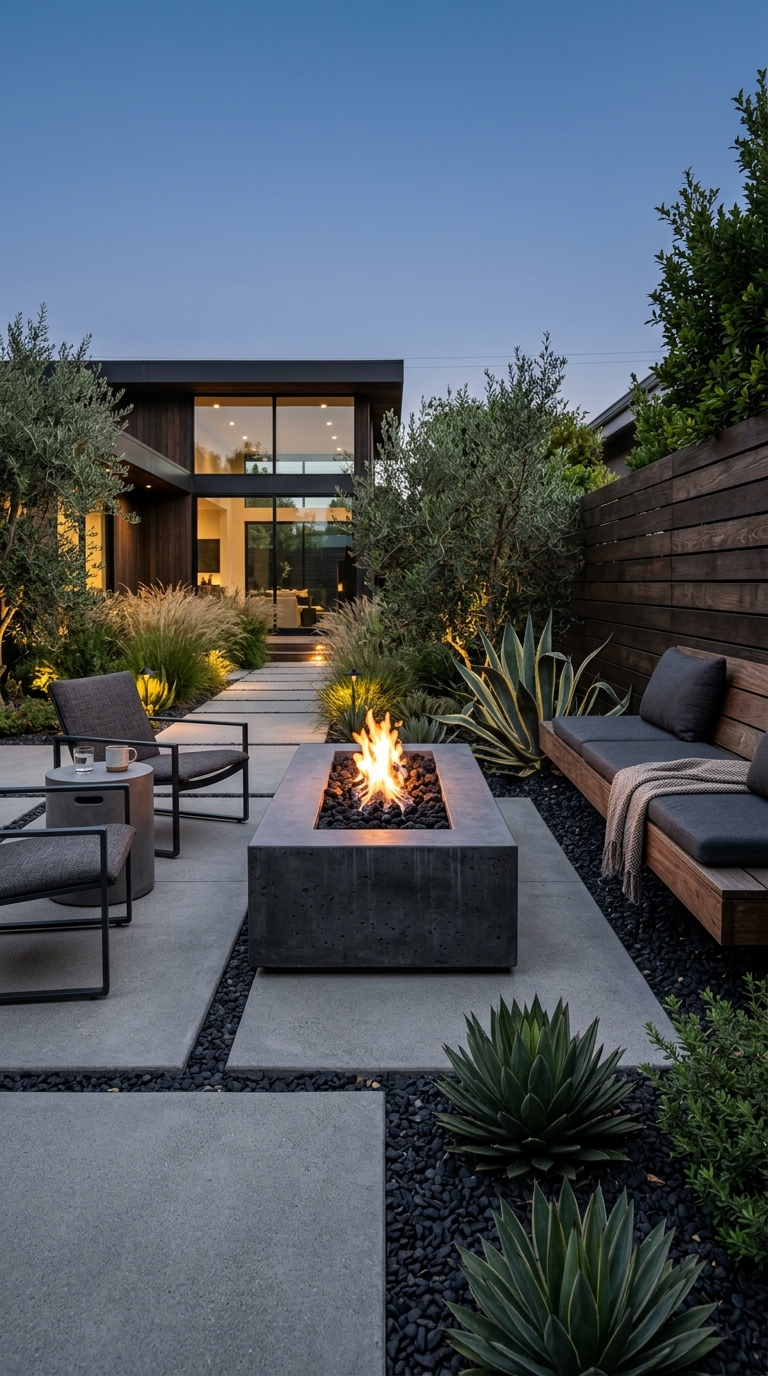 Minimalist concrete fire pit in a modern backyard patio