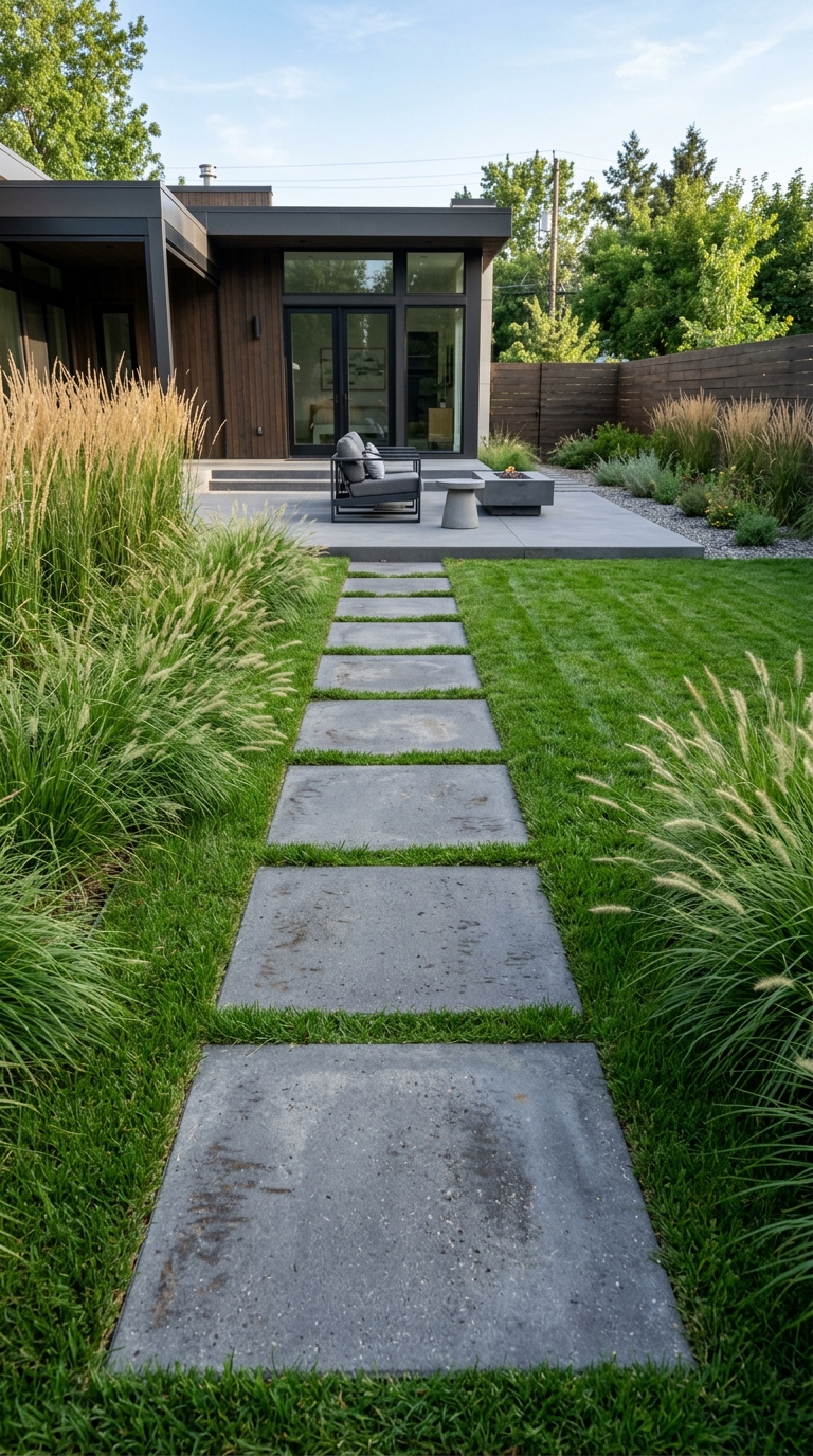Modern concrete slab stepping stone walkway set flush in a green backyard lawn