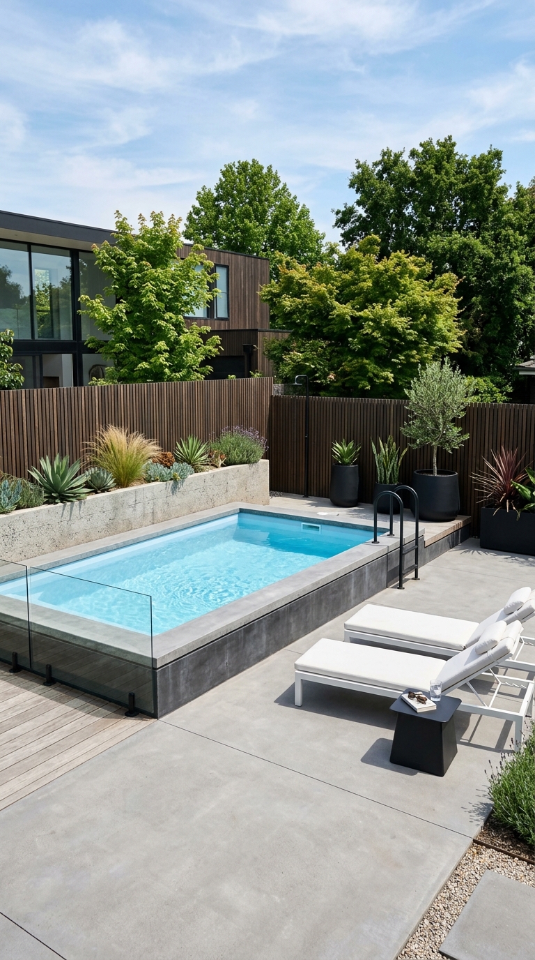 Modern concrete deck surround above-ground pool with minimal planting
