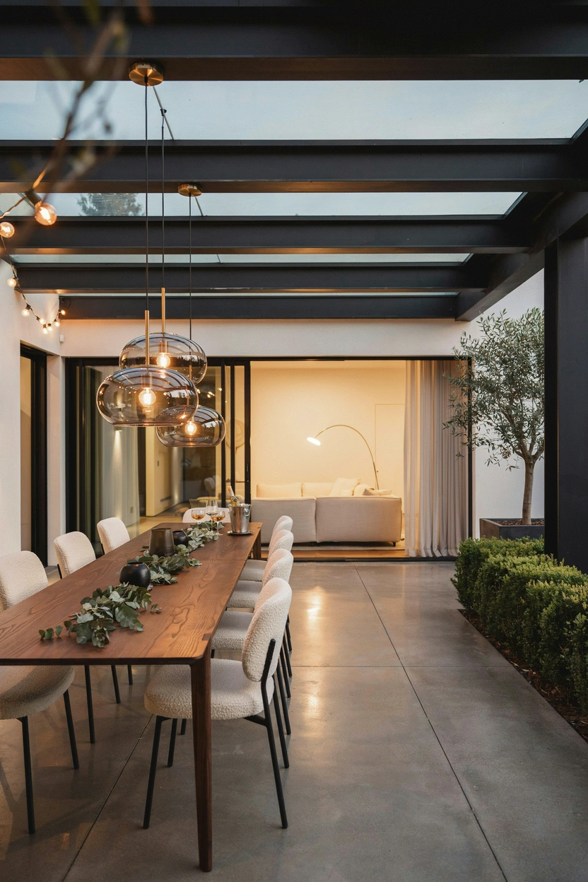 Luxury covered patio dining area with modern wood table and pendant lights