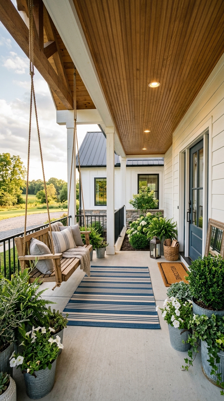 Modern farmhouse concrete porch with black metal railing, shiplap siding, and wooden swing