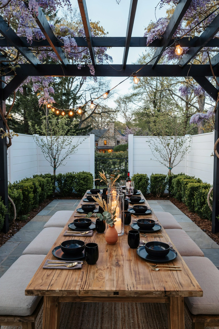 Rustic farmhouse patio table with wooden benches and lantern lighting