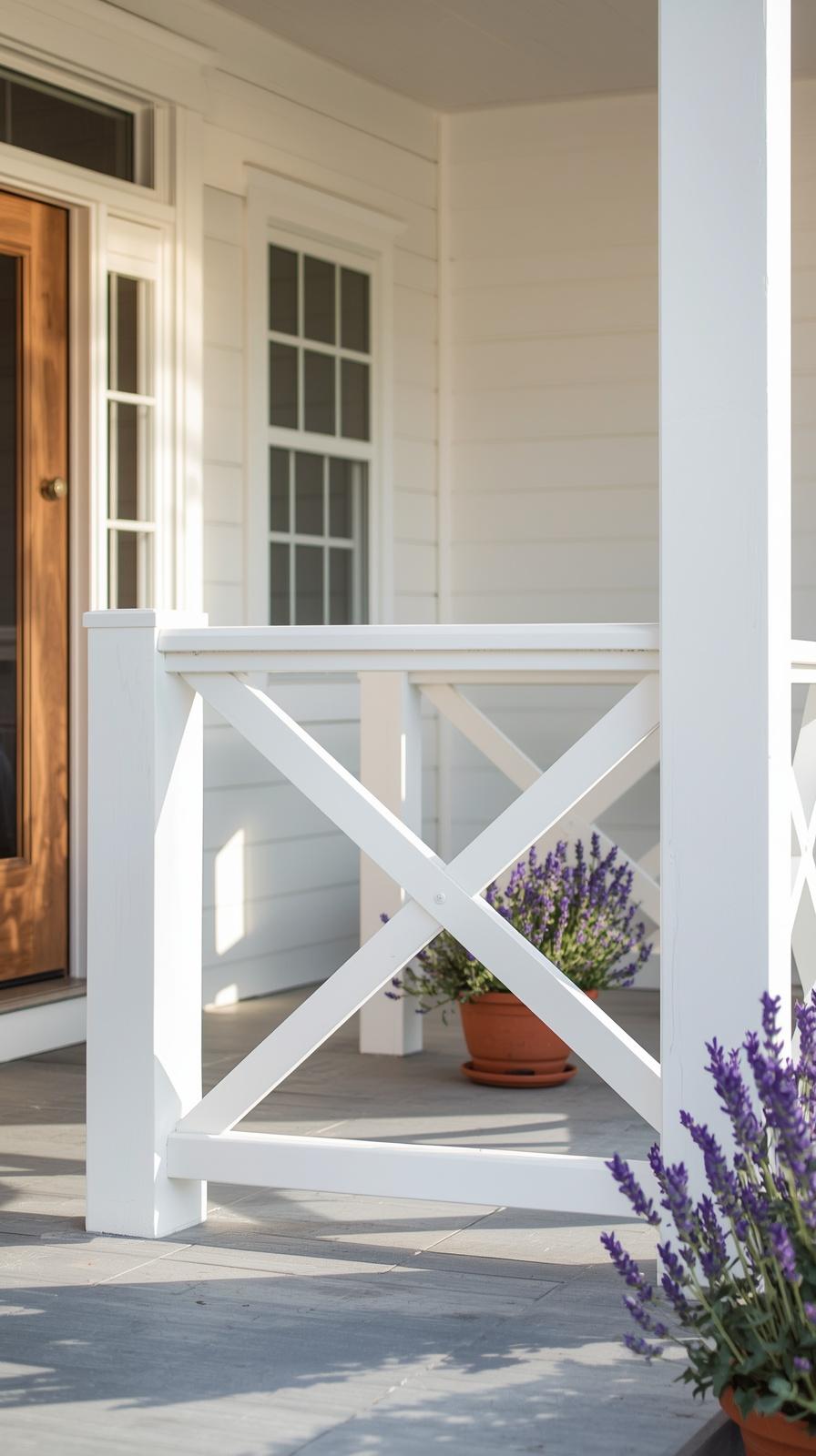 White X-pattern wood railing on a modern farmhouse porch with potted plants