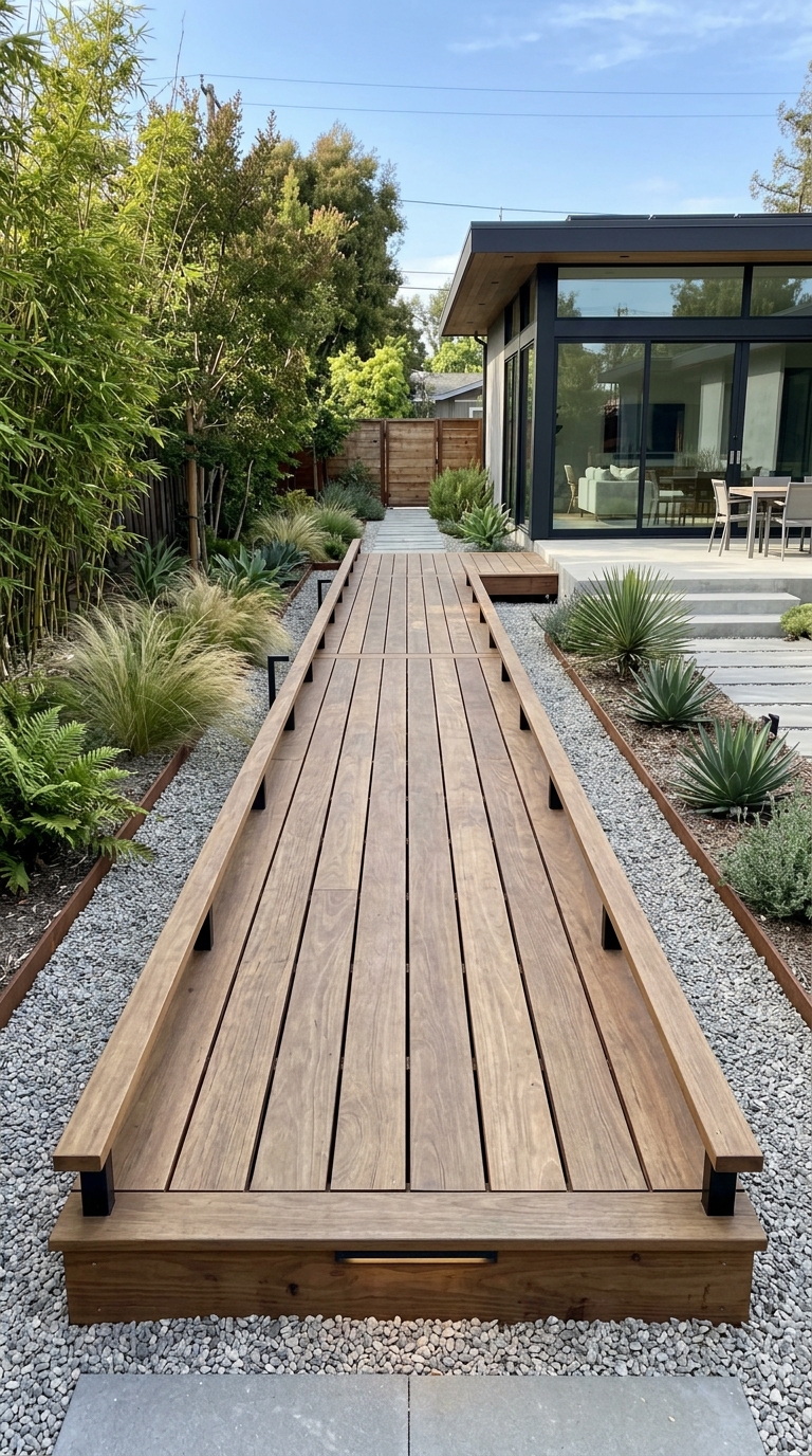 Modern floating wood deck walkway in a minimalist backyard