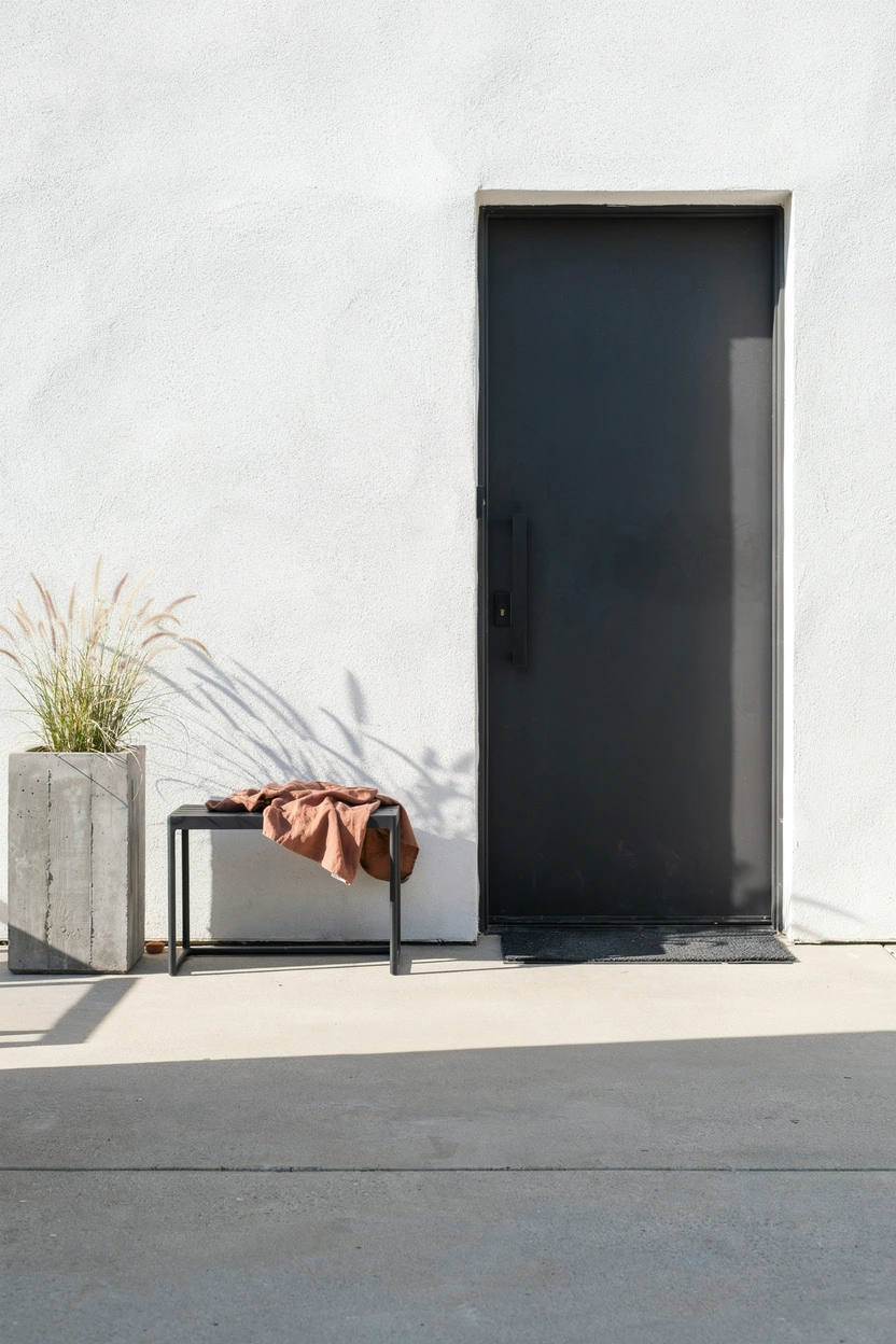 Modern minimalist front porch with charcoal door, concrete planter, and black metal bench