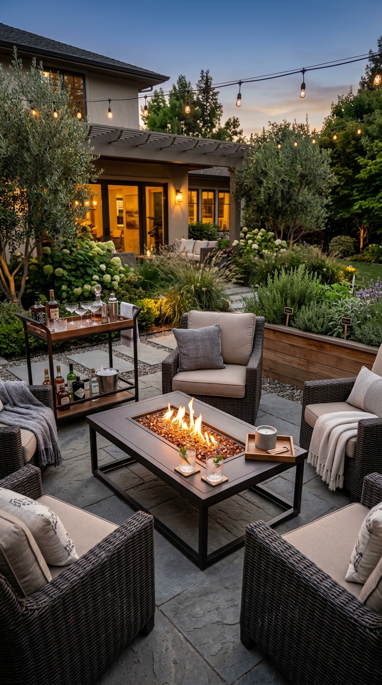 Outdoor gas fire pit table with wicker chairs on a luxury patio