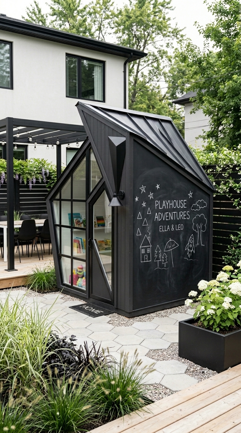 Modern geometric playhouse with chalkboard wall in backyard