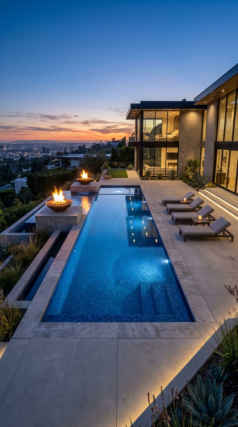 Modern geometric swimming pool with elegant fire bowls and minimalist design.