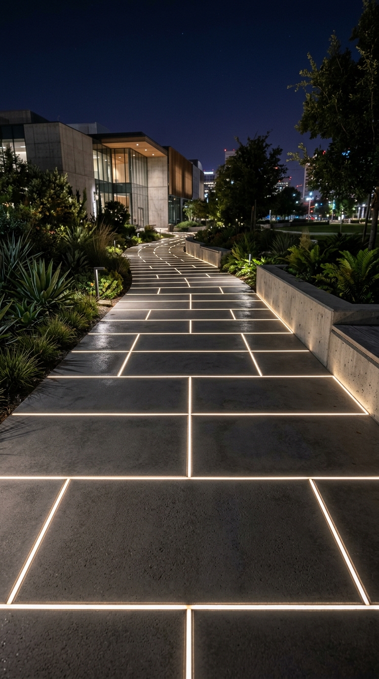Linear LED strip lights along a modern concrete walkway