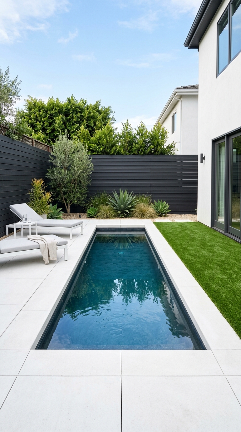 Minimalist backyard pool with dark horizontal fencing and clean modern design