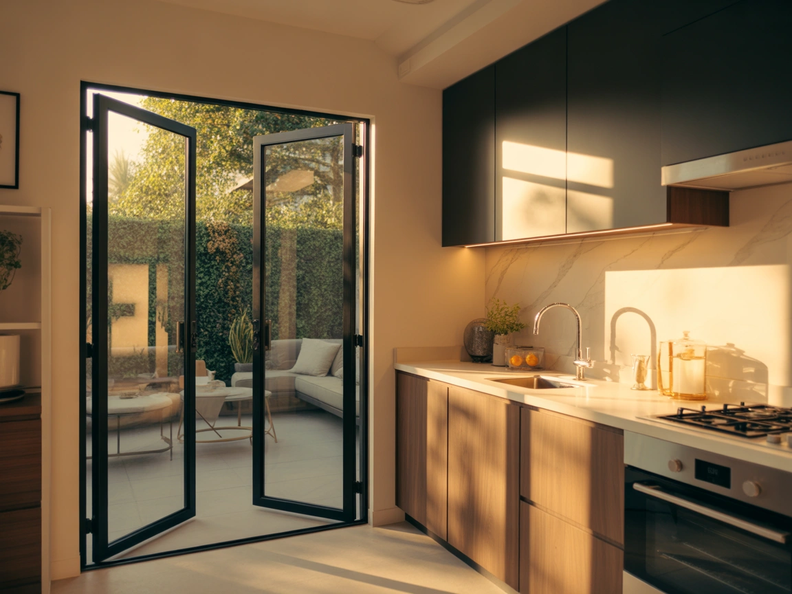 Bright small kitchen with modern sliding patio doors, walnut cabinets, and soft warm lighting