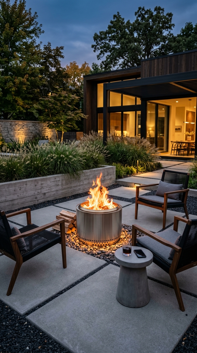 Modern smokeless steel fire pit with Scandinavian outdoor furniture