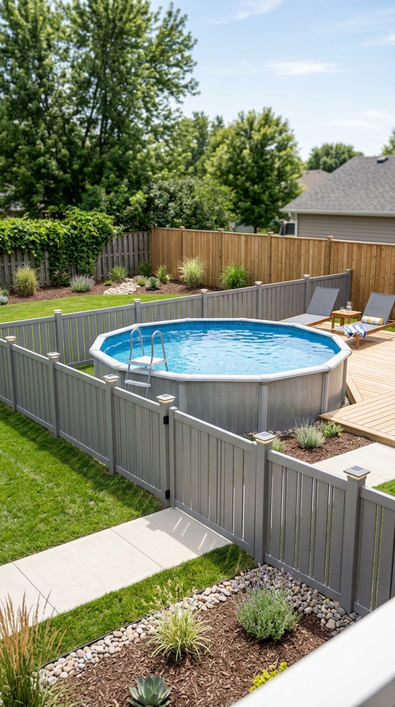 Gray modular plastic pool fence around a backyard swimming pool.