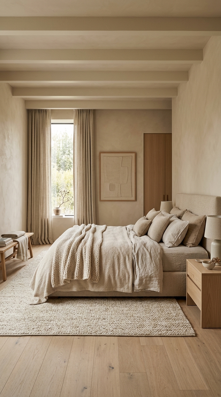 Monochrome neutral master bedroom with layered beige textures