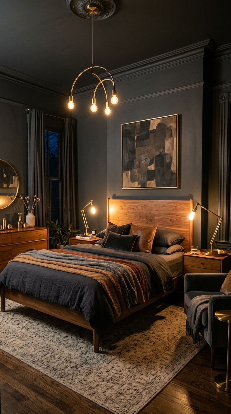 Moody charcoal and caramel-toned master bedroom