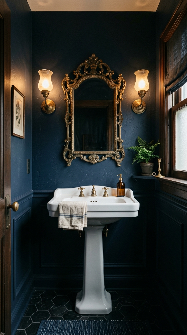 Moody navy half bathroom with ornate brass mirror and vintage-style wall sconces