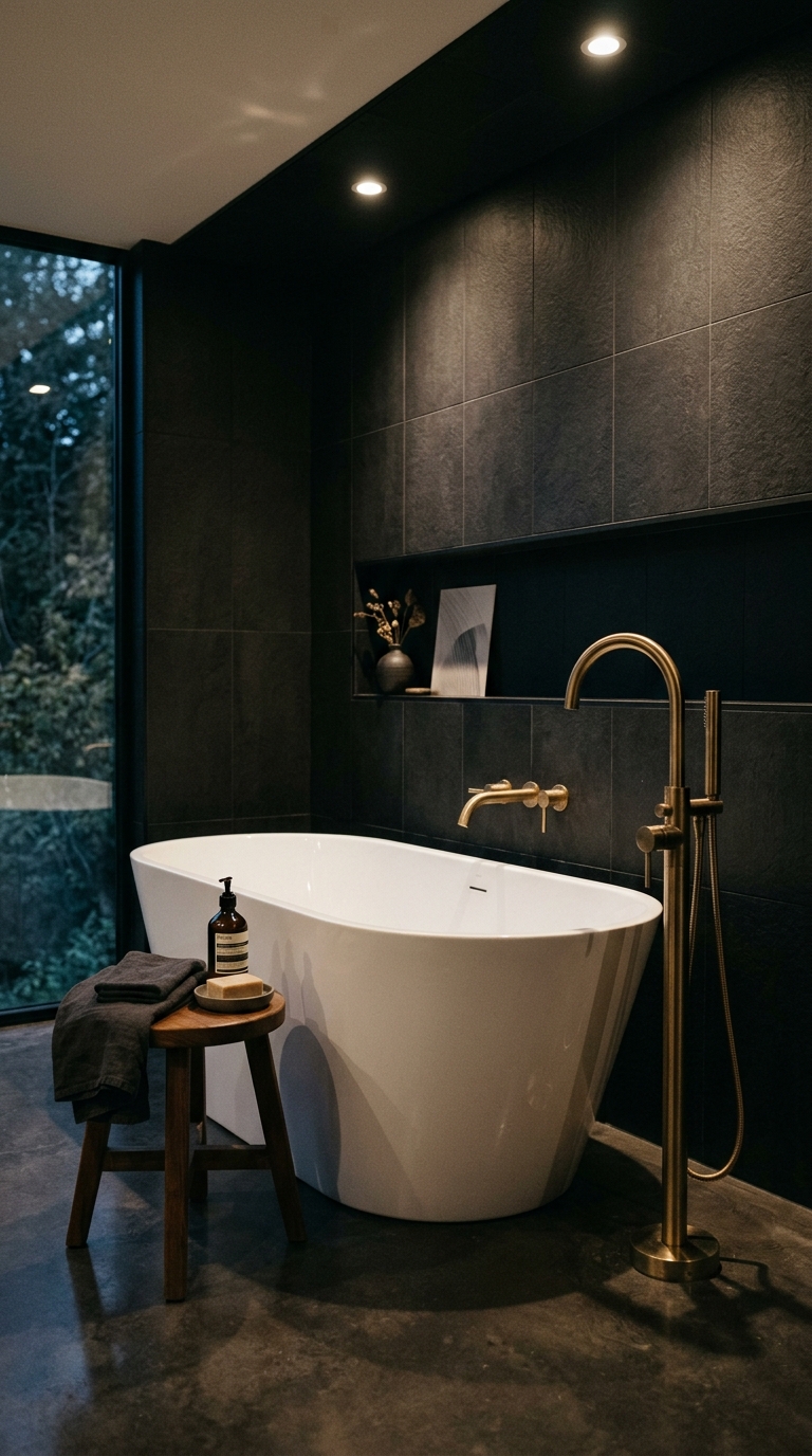 White freestanding tub against dark tile walls in a moody spa bathroom