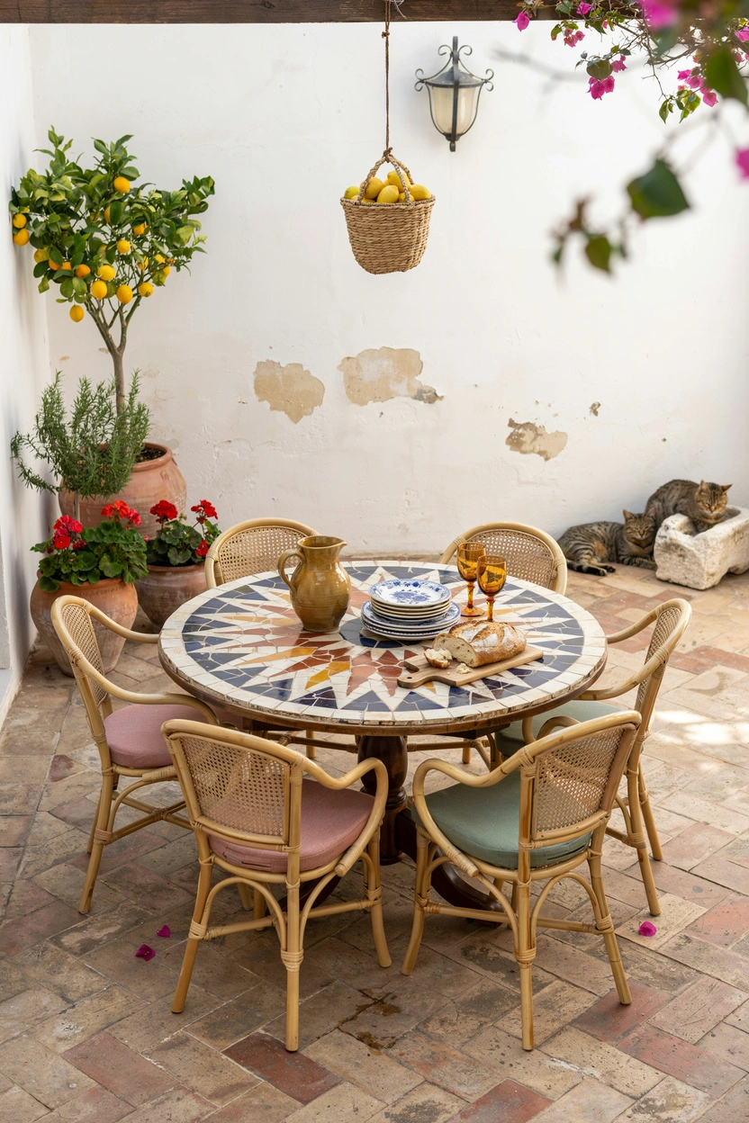 Colorful mosaic patio table with artistic Mediterranean outdoor styling