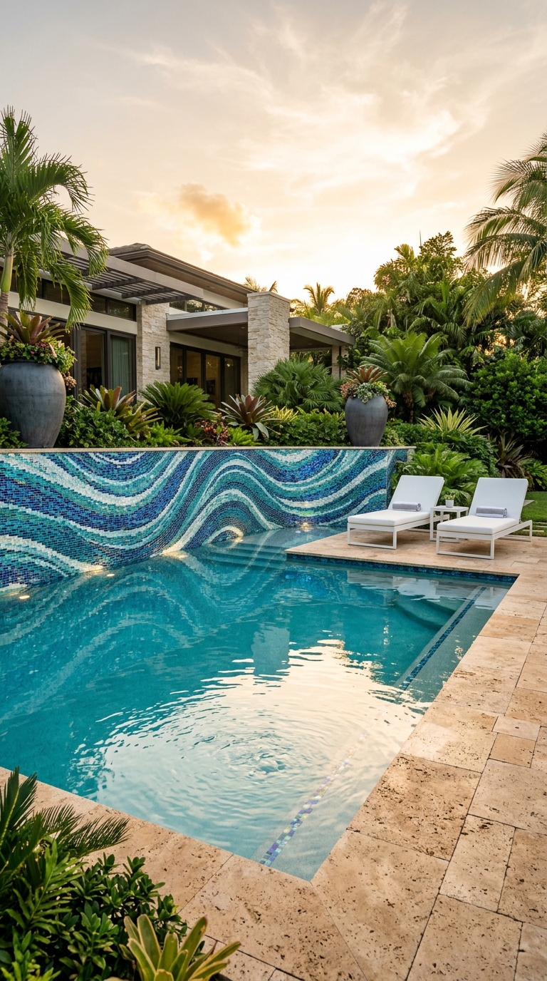 Modern backyard swimming pool with a stunning blue mosaic tile accent wall and elegant evening lighting