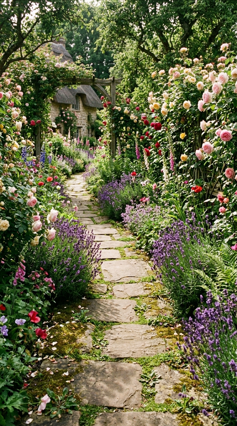 Mossy flagstone stepping stone walkway through a lush cottage garden with lavender borders