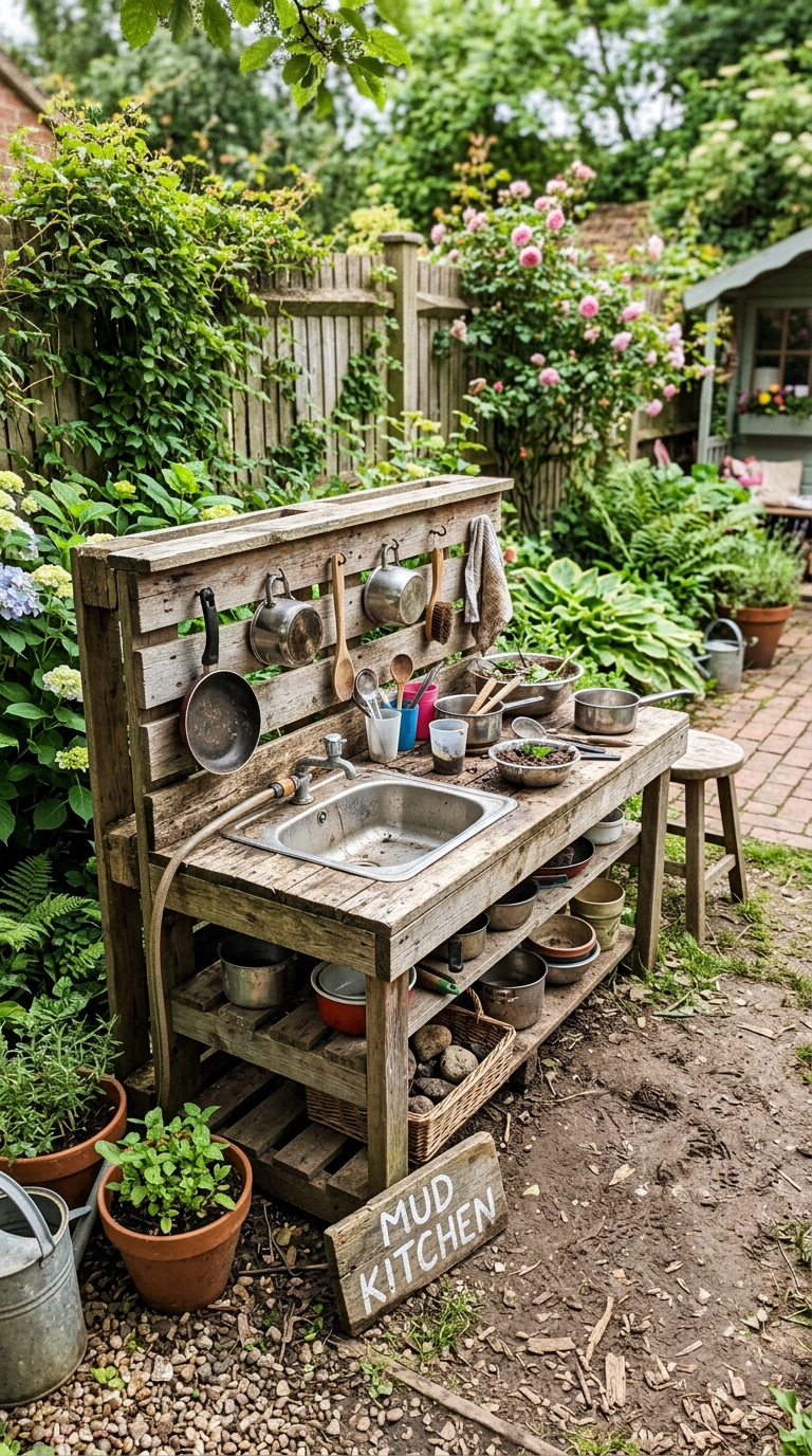 Mud kitchen station, backyard play area for kids