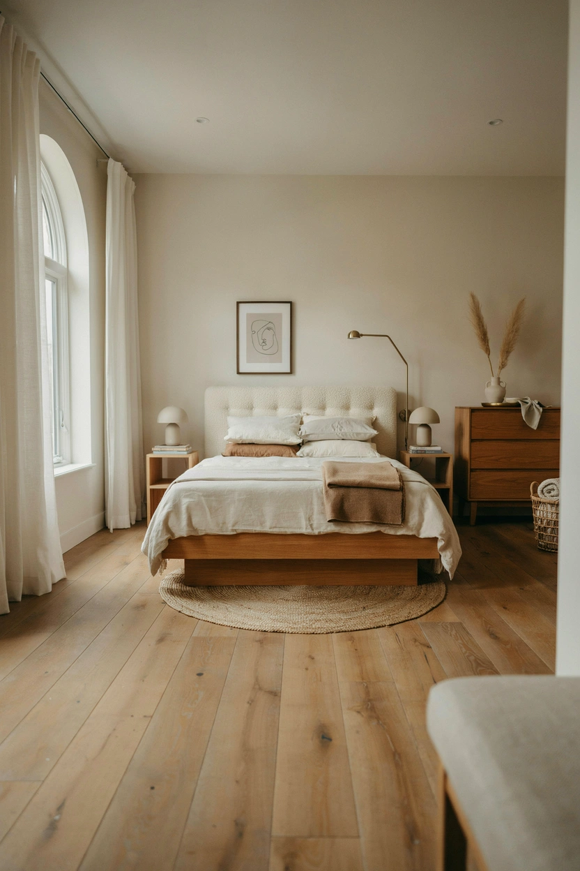 Small brown bedroom with storage ottoman and walnut nightstands, keeping the space clutter-free and stylishly organized