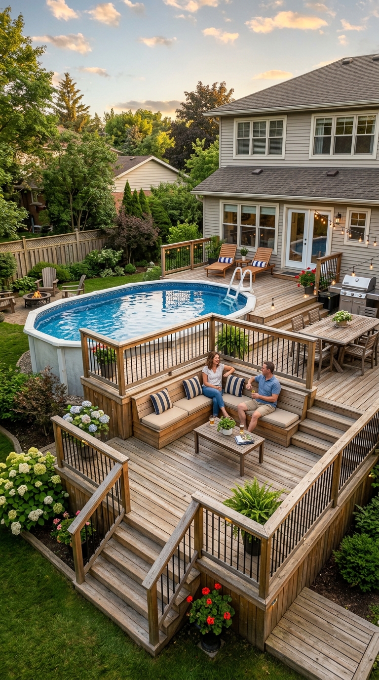 Multi-level deck with built-in seating around above-ground pool