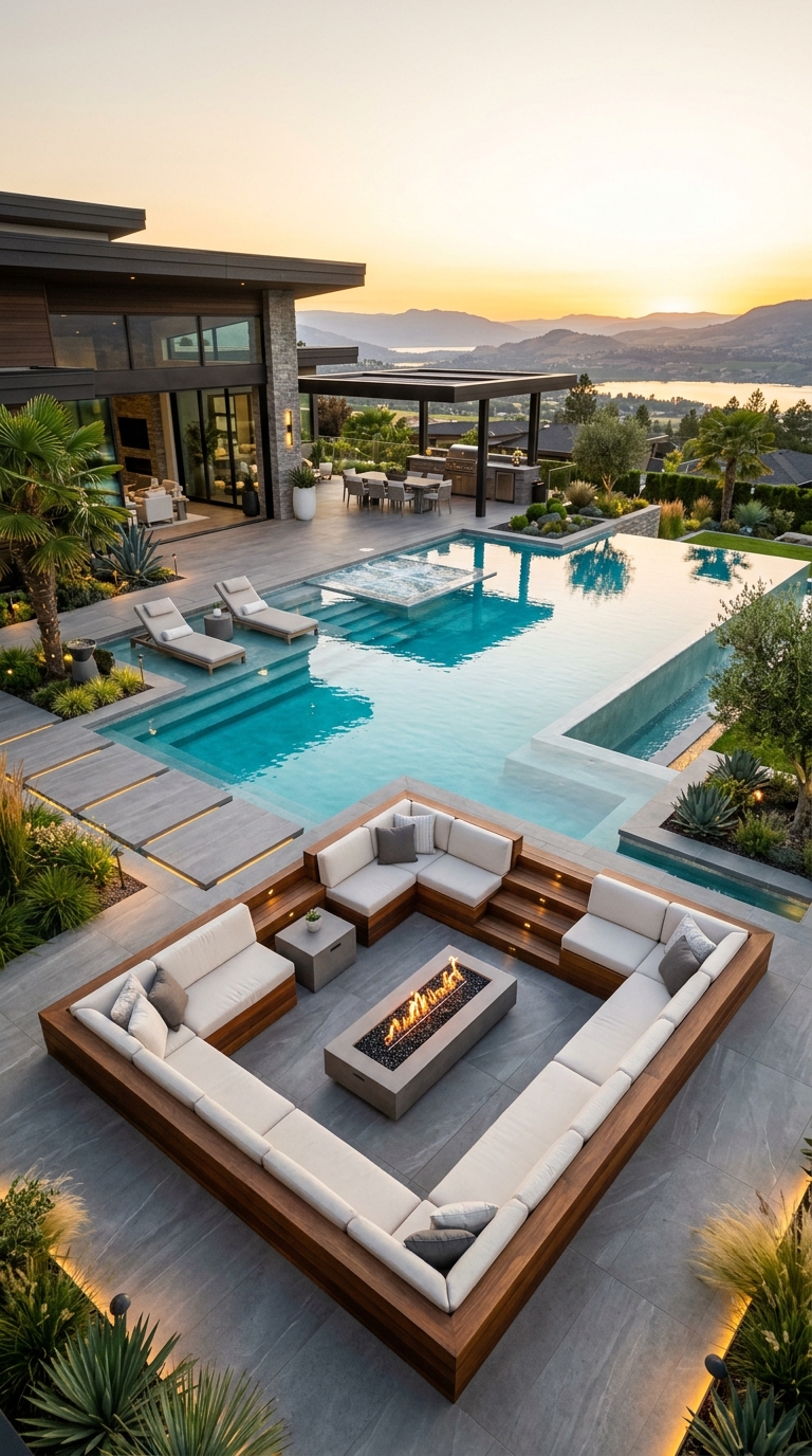 Luxury multi-level pool with sunken lounge and modern fire pit.