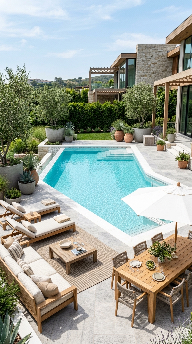 Modern backyard pool with versatile outdoor furniture arranged for lounging, dining, and entertaining
