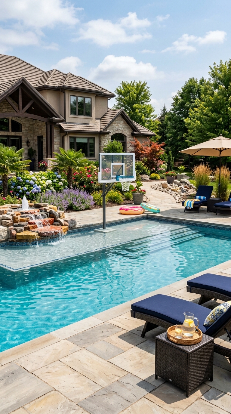 Family-friendly recreation pool with basketball hoop and play features.